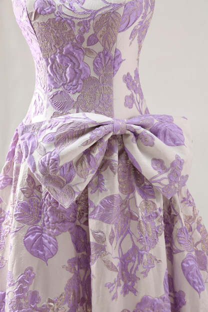 Floral Lilac Jacquard Strapless A Line Long Prom Dress with Bow