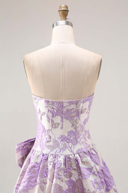 Floral Lilac Jacquard Strapless A Line Long Prom Dress with Bow