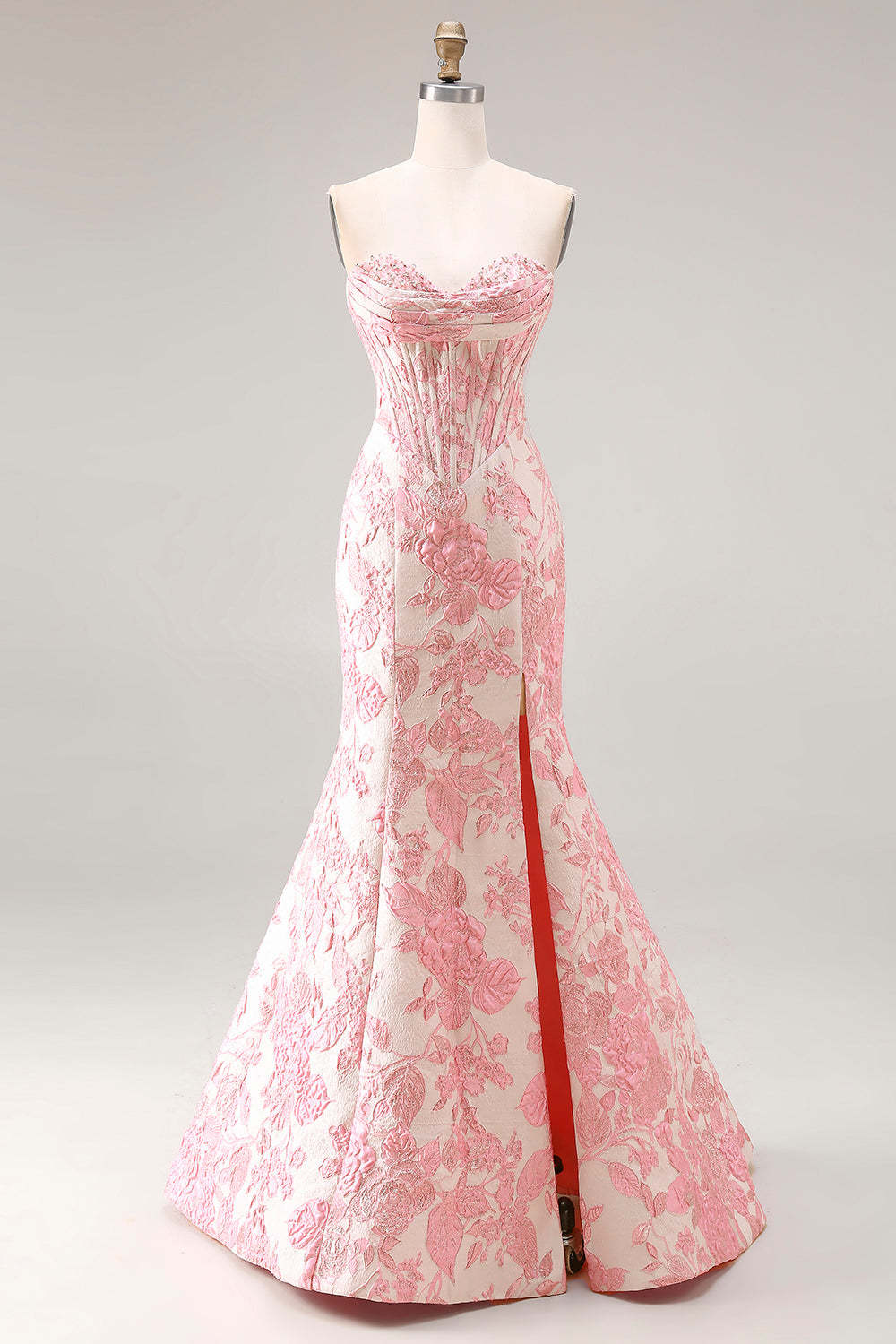 Leely Women Ivory and Pink Floral Long Mermaid Corset Prom Dress with Slit Jacquard Sweetheart Backless Gala Dress with Beading