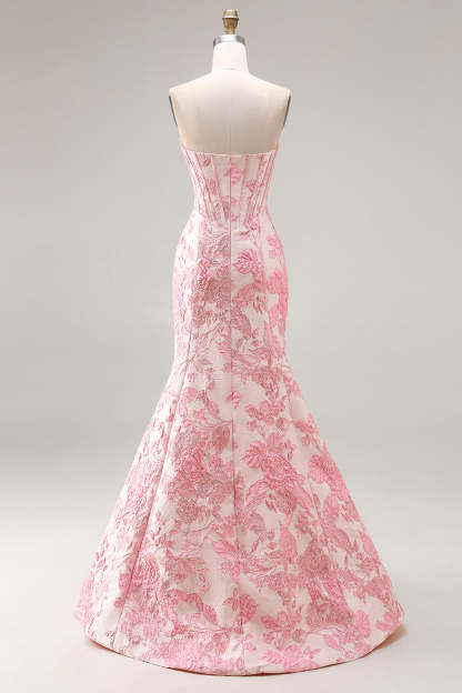 Floral Ivory and Pink Mermaid Jacquard Long Corset Sweetheart Prom Dress with Slit