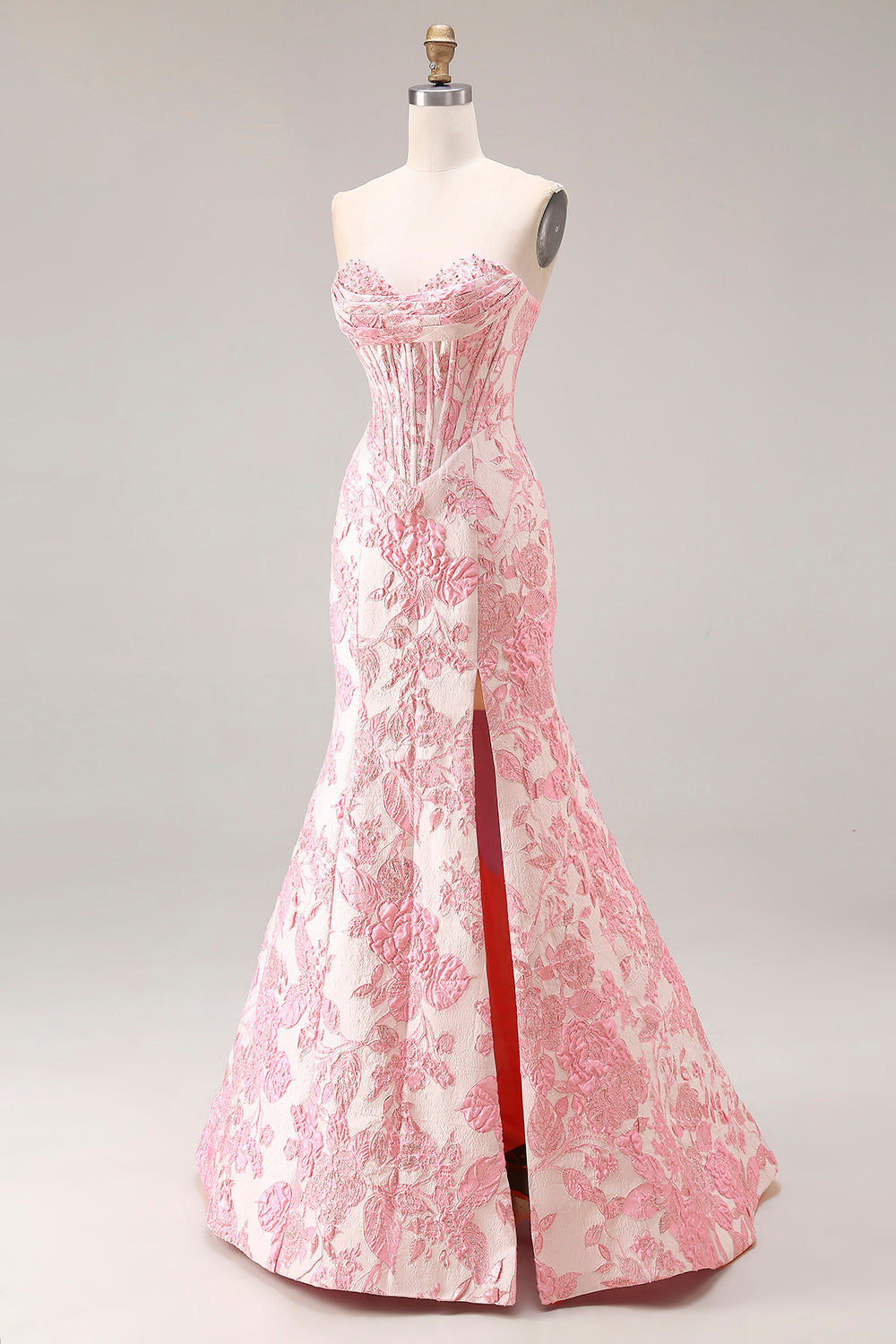 Floral Ivory and Pink Mermaid Jacquard Long Corset Sweetheart Prom Dress with Slit