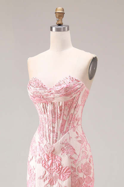 Floral Ivory and Pink Mermaid Jacquard Long Corset Sweetheart Prom Dress with Slit