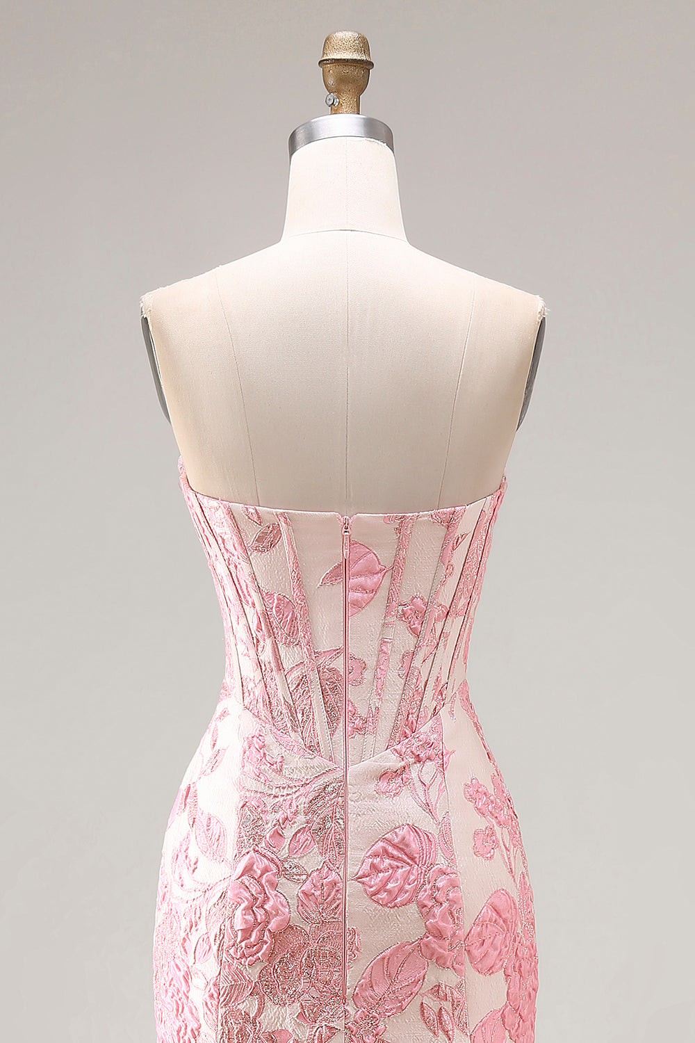 Floral Ivory and Pink Mermaid Jacquard Long Corset Sweetheart Prom Dress with Slit