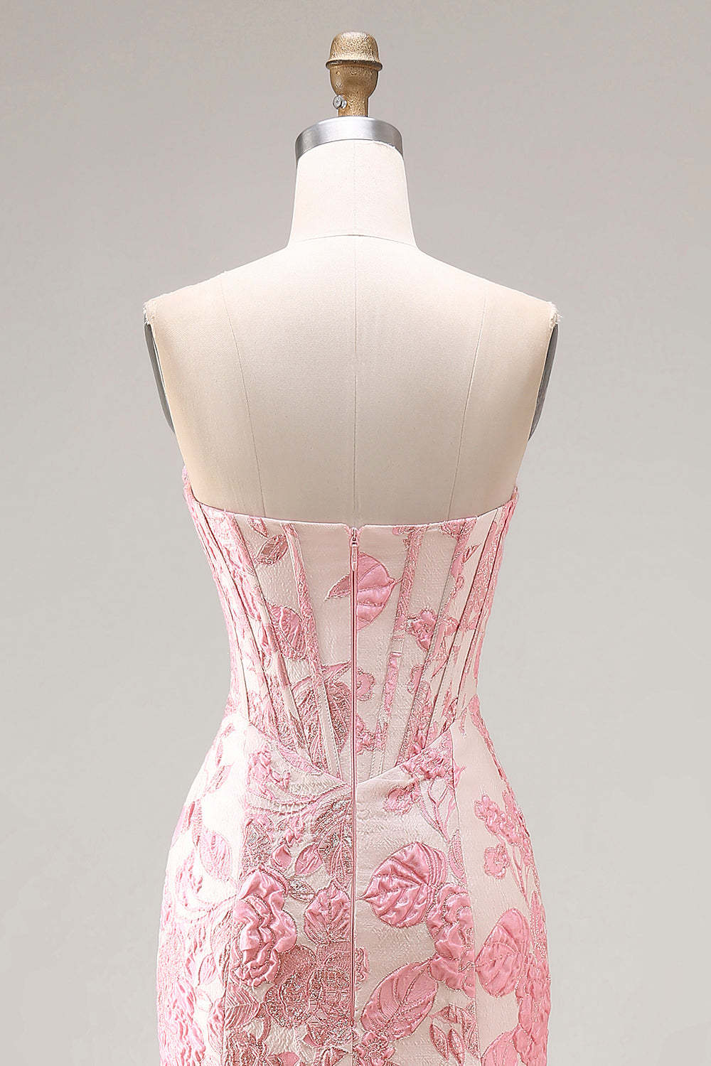 Floral Ivory and Pink Mermaid Jacquard Long Corset Sweetheart Prom Dress with Slit