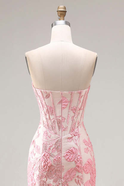Floral Ivory and Pink Mermaid Jacquard Long Corset Sweetheart Prom Dress with Slit