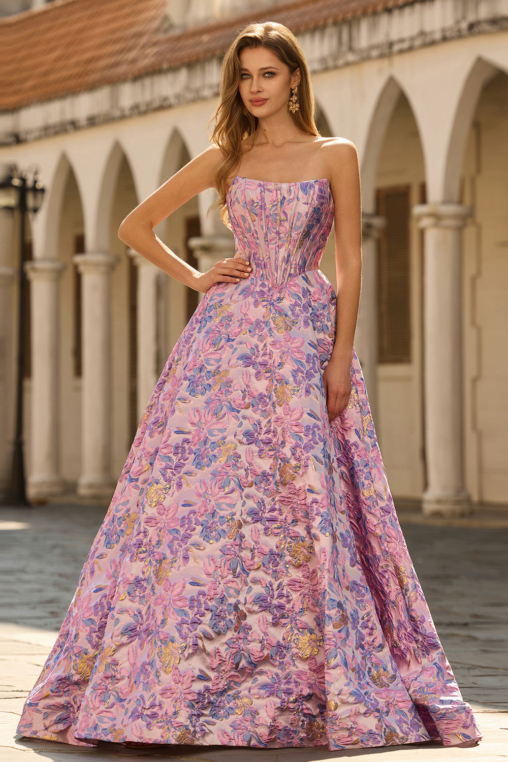 Floral Lilac Jacquard Strapless A Line Maxi Corset Prom Dress