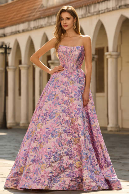 Leely Women Floral Lilac Maxi Corset Prom Dress Jacquard Strapless A Line Pageant Dress