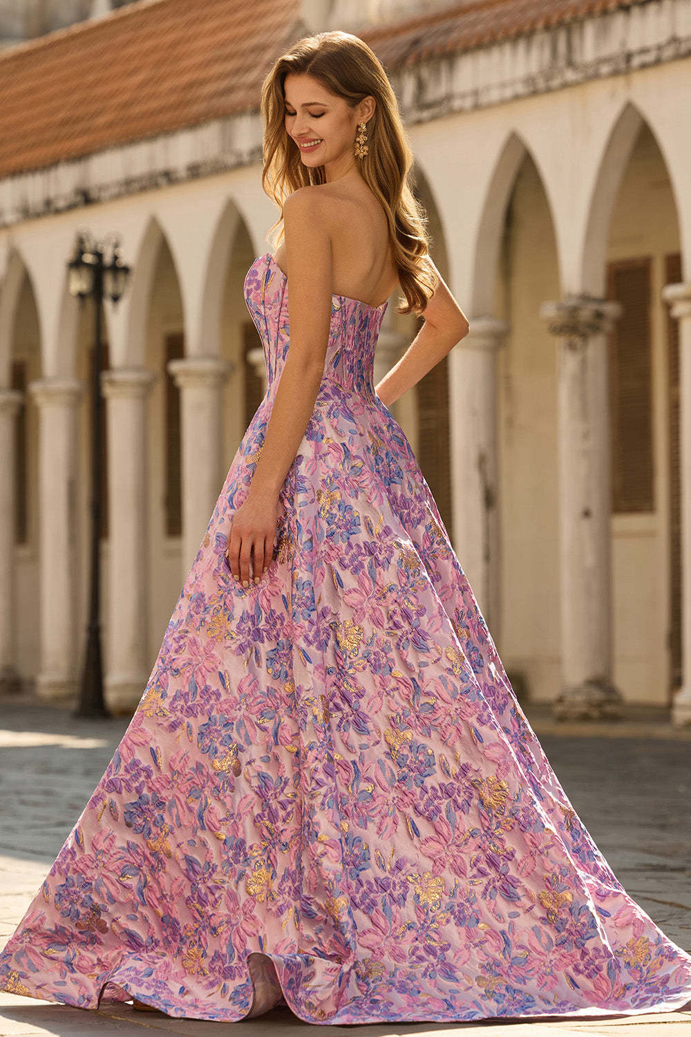 Floral Lilac Jacquard Strapless A Line Maxi Corset Prom Dress