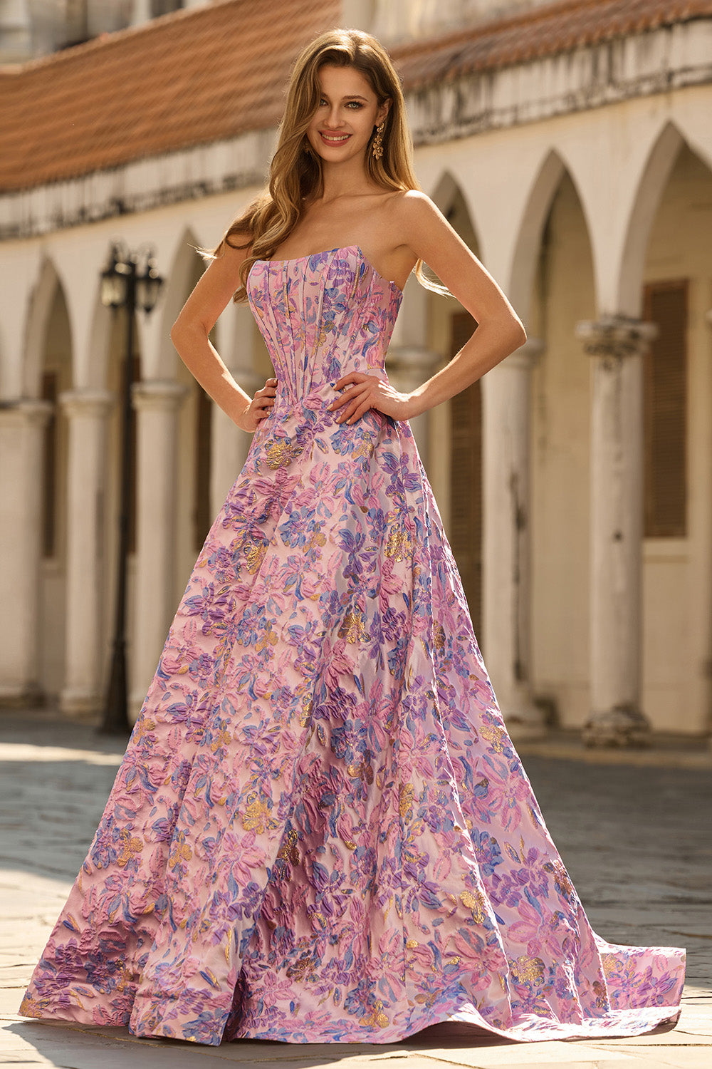 Floral Lilac Jacquard Strapless A Line Maxi Corset Prom Dress