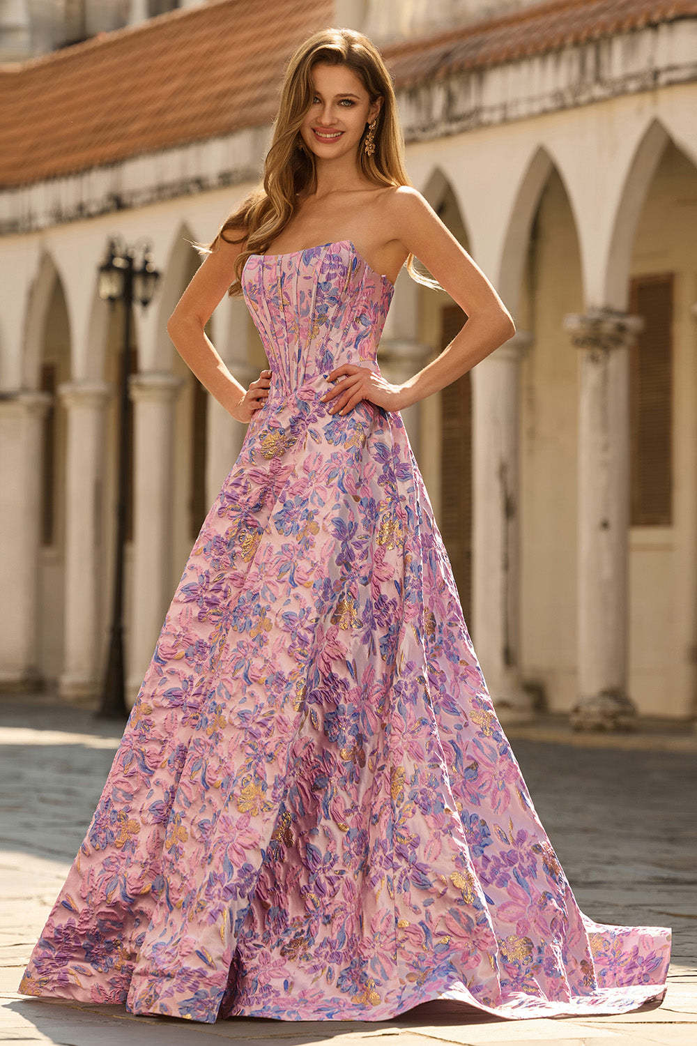 Floral Lilac Jacquard Strapless A Line Maxi Corset Prom Dress