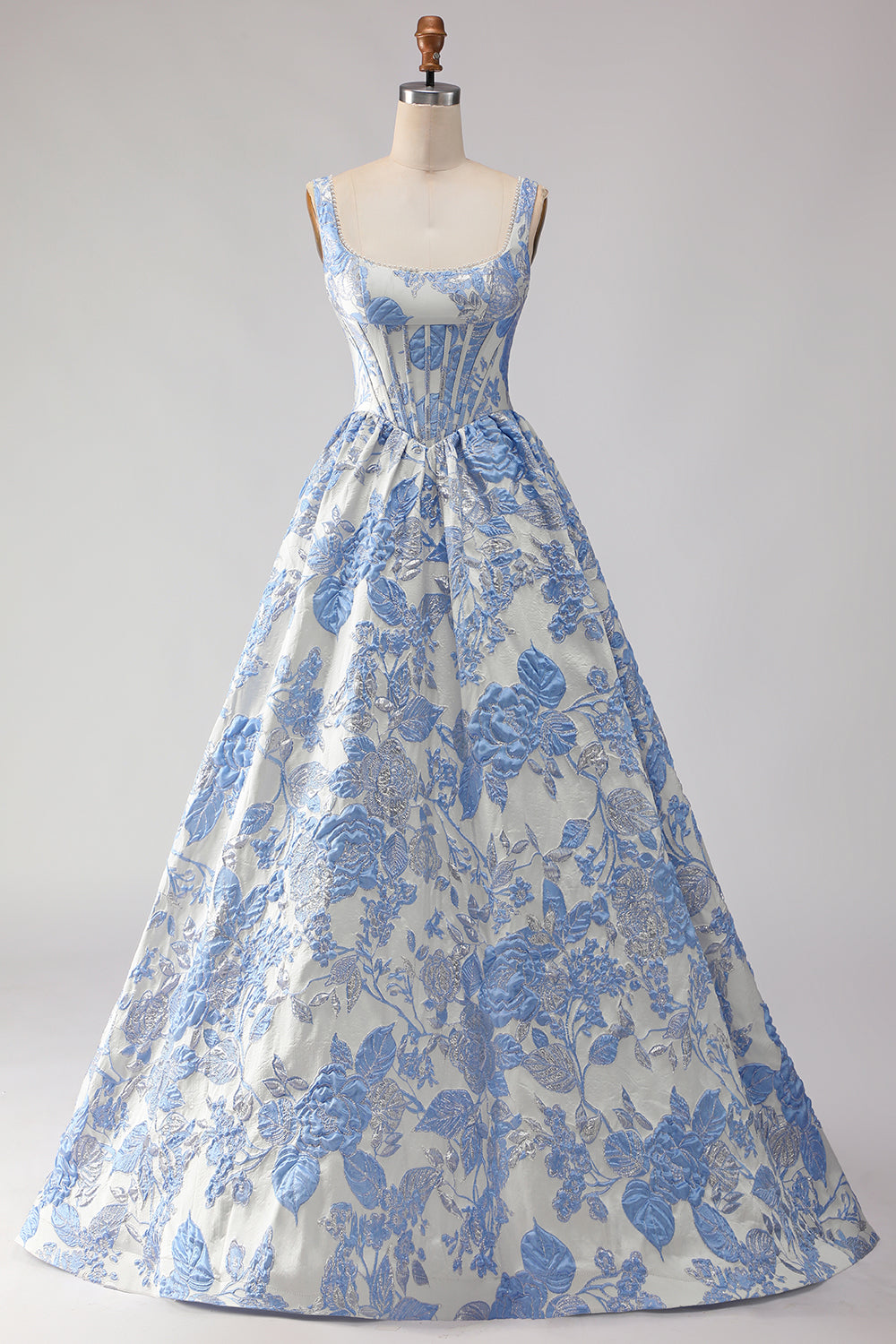 Leely Women Floral Light Blue Jacquard Long Corset Prom Dress A Line Thick Straps Pageant Dress