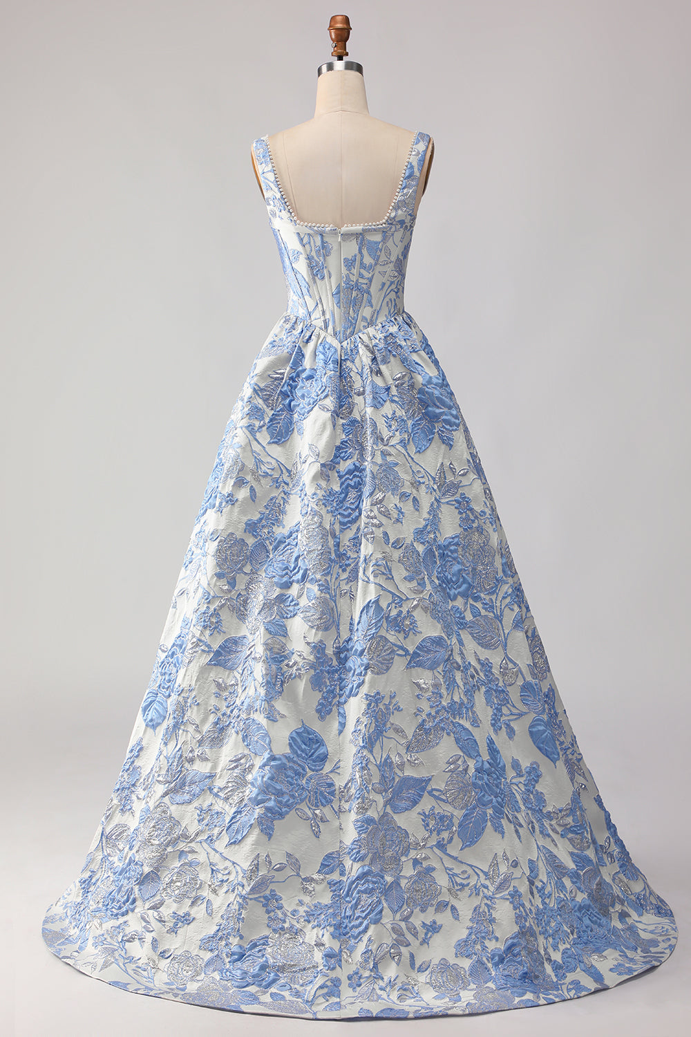 Floral Light Blue Jacquard A Line Maxi Corset Prom Dress