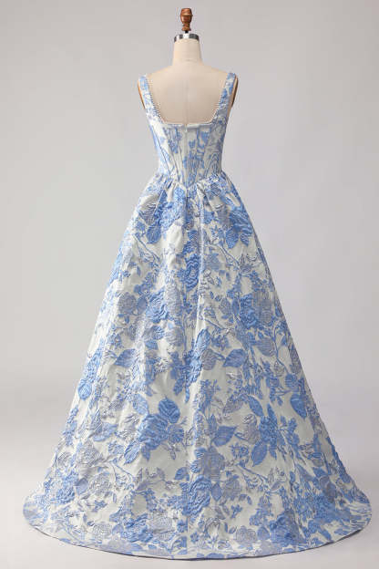 Floral Light Blue Jacquard A Line Maxi Corset Prom Dress