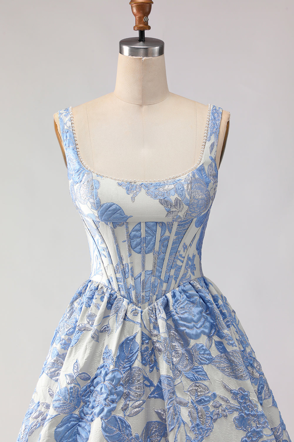 Floral Light Blue Jacquard A Line Maxi Corset Prom Dress