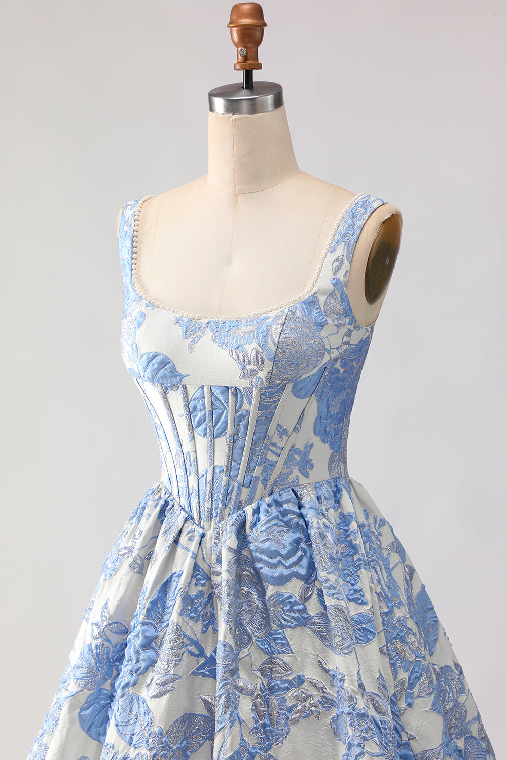 Floral Light Blue Jacquard A Line Maxi Corset Prom Dress
