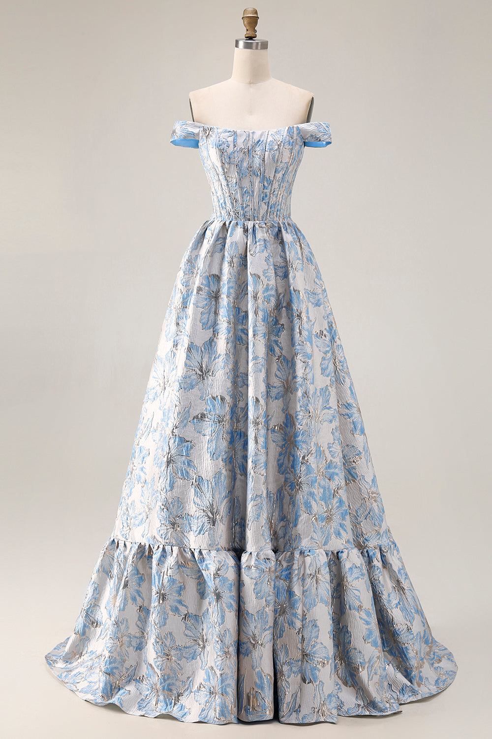 Floral Light Blue Jacquard A Line Off the Shoulder Long Corset Prom Dress