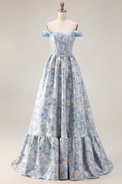 Leely Women Floral Light Blue Jacquard Maxi Corset Prom Dress with Ruffles A Line Off the Shoulder Pageant Dress
