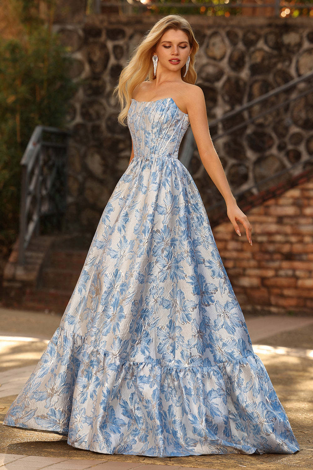 Floral Light Blue Jacquard Off the Shoulder Maxi Corset Prom Dress