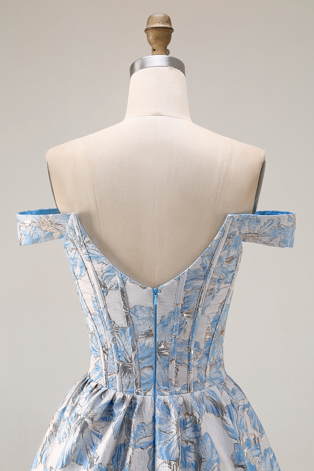 Floral Light Blue Jacquard A Line Off the Shoulder Long Corset Prom Dress