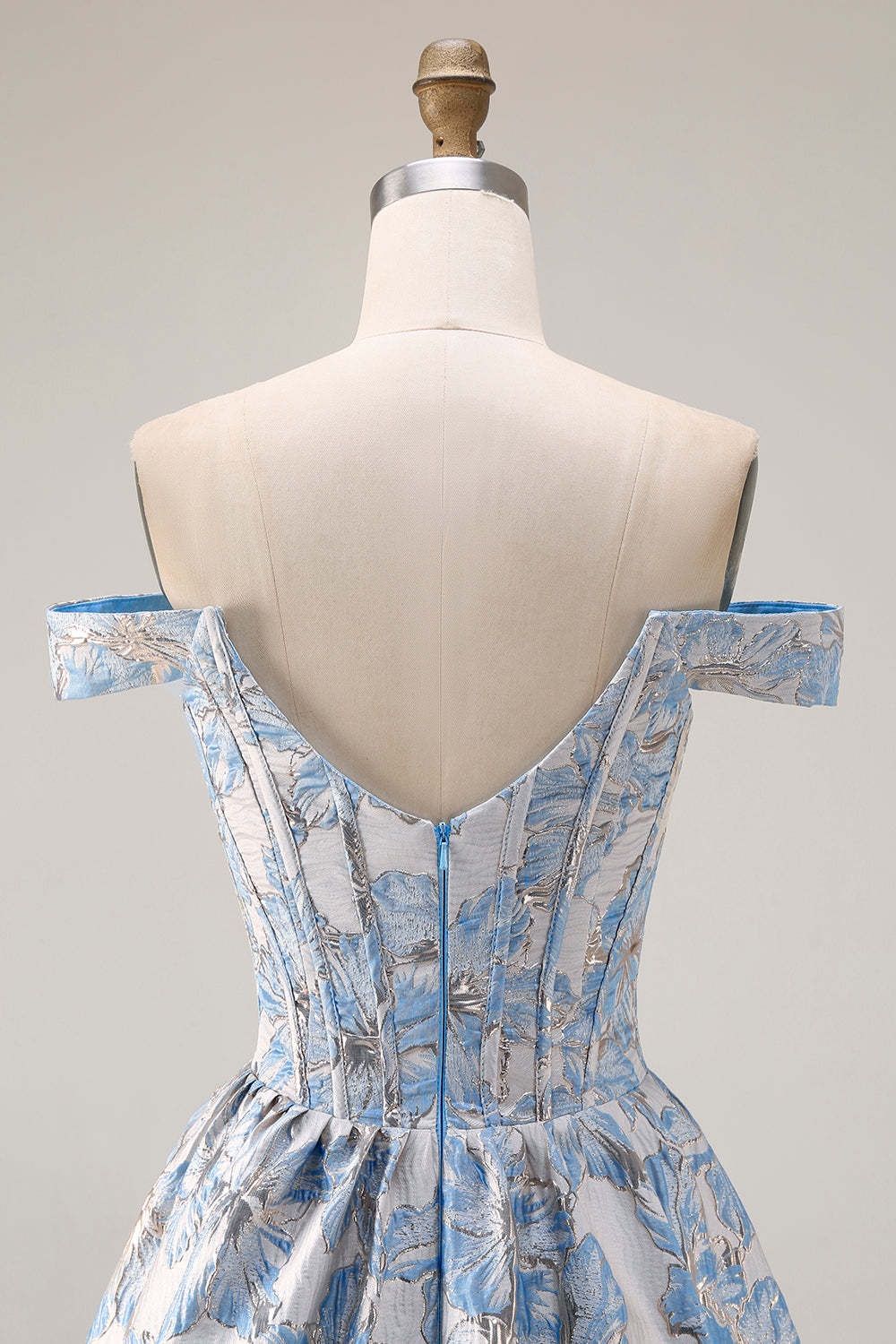 Floral Light Blue Jacquard A Line Off the Shoulder Long Corset Prom Dress