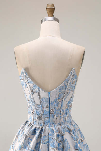 Floral Light Blue Jacquard A Line Off the Shoulder Long Corset Prom Dress