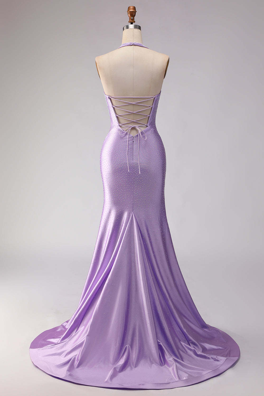 Sparkly Lilac Satin Mermaid Halter Neck Beaded Long Prom Dress with Slit