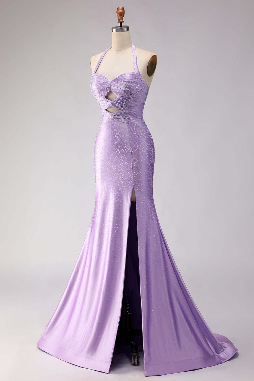 Sparkly Lilac Satin Mermaid Halter Neck Beaded Long Prom Dress with Slit