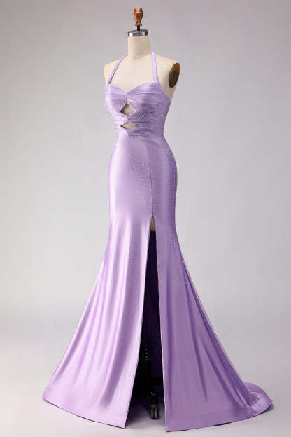 Sparkly Lilac Satin Mermaid Halter Neck Beaded Long Prom Dress with Slit