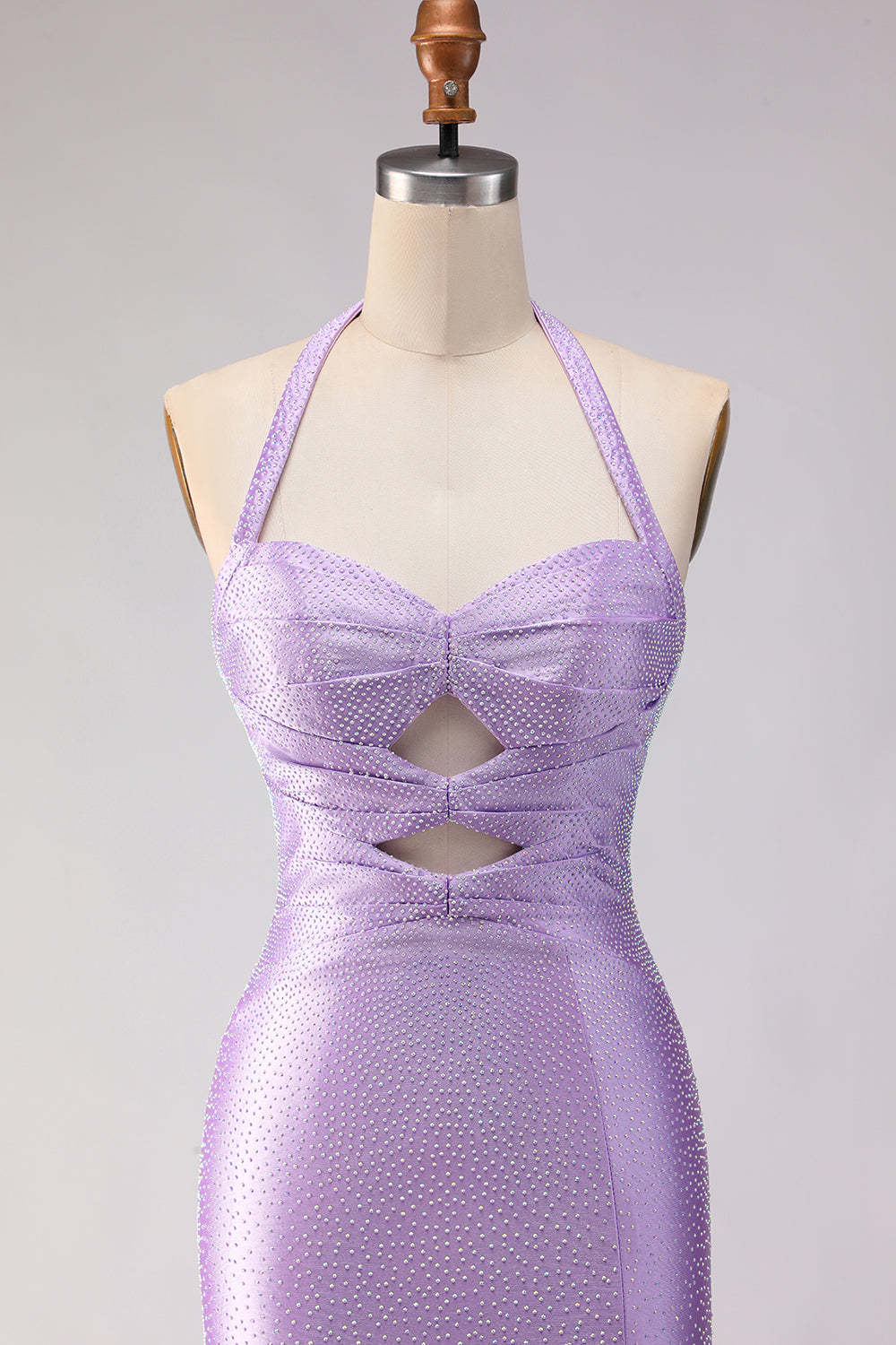 Sparkly Lilac Satin Mermaid Halter Neck Beaded Long Prom Dress with Slit