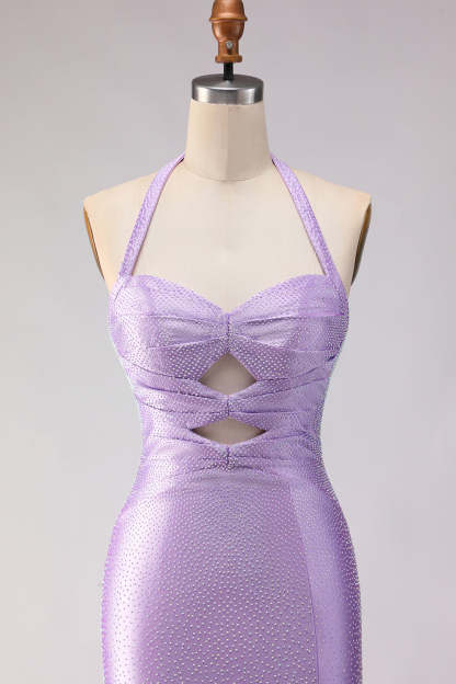 Sparkly Lilac Satin Mermaid Halter Neck Beaded Long Prom Dress with Slit