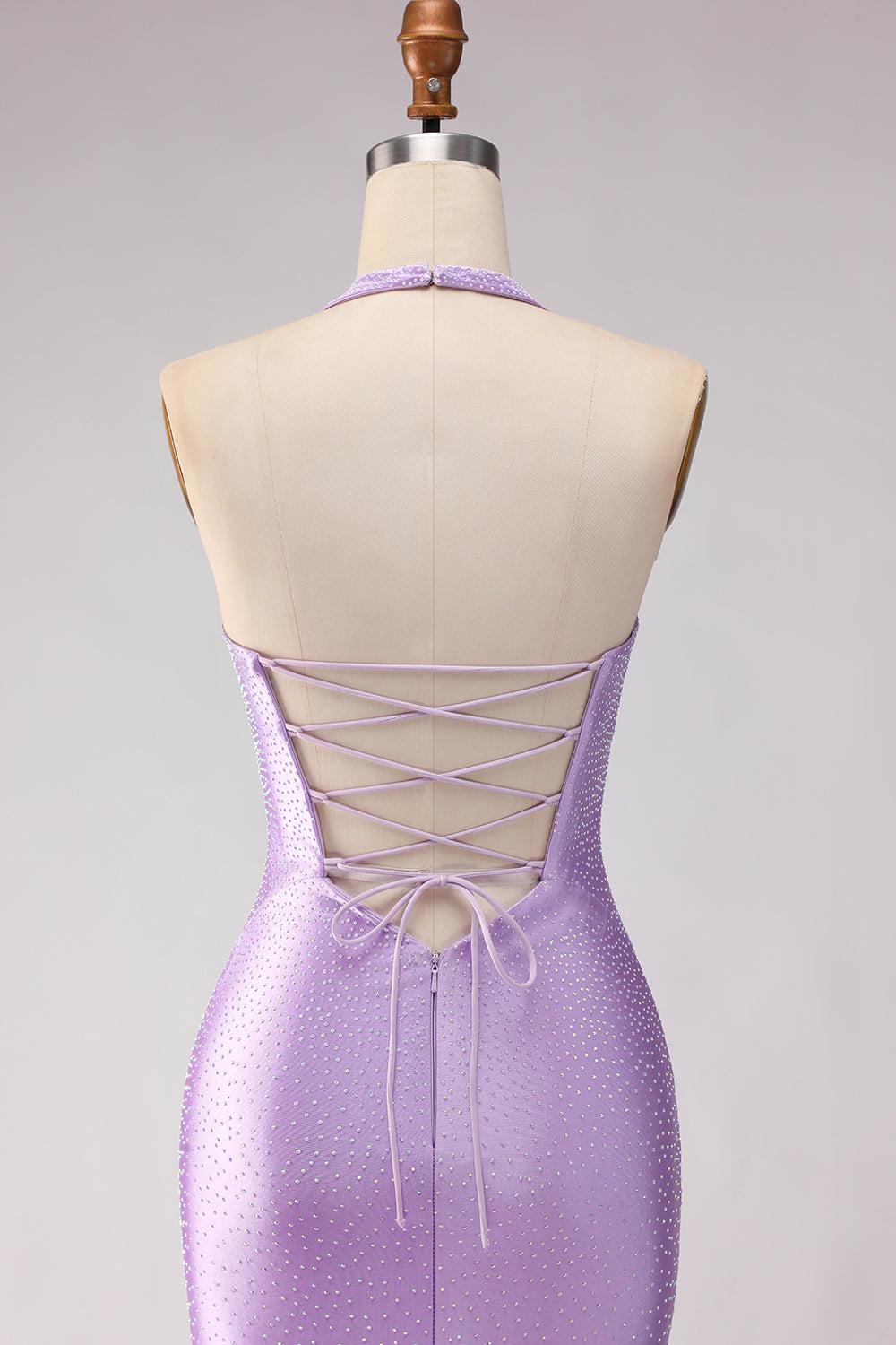 Sparkly Lilac Satin Mermaid Halter Neck Beaded Long Prom Dress with Slit