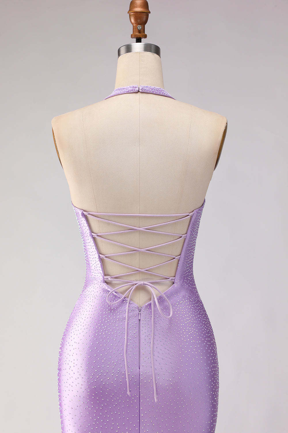 Sparkly Lilac Satin Mermaid Halter Neck Beaded Long Prom Dress with Slit