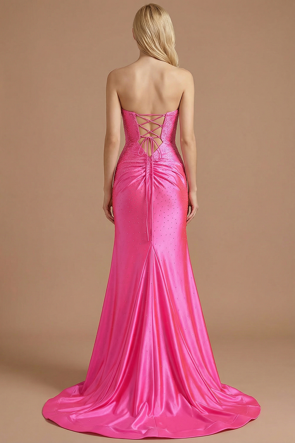 Sparkly Hot Pink Mermaid Sweetheart Long Prom Dress with Rhinestone