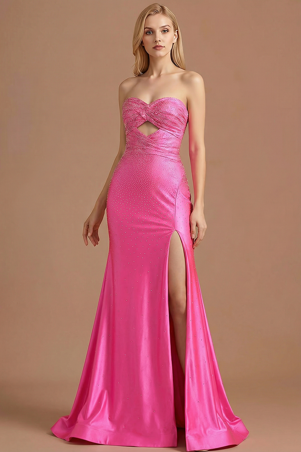 Sparkly Hot Pink Mermaid Sweetheart Long Prom Dress with Rhinestone
