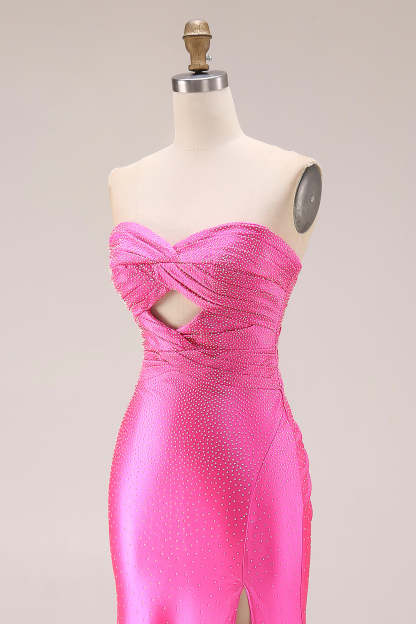 Sparkly Hot Pink Mermaid Sweetheart Long Prom Dress with Rhinestone