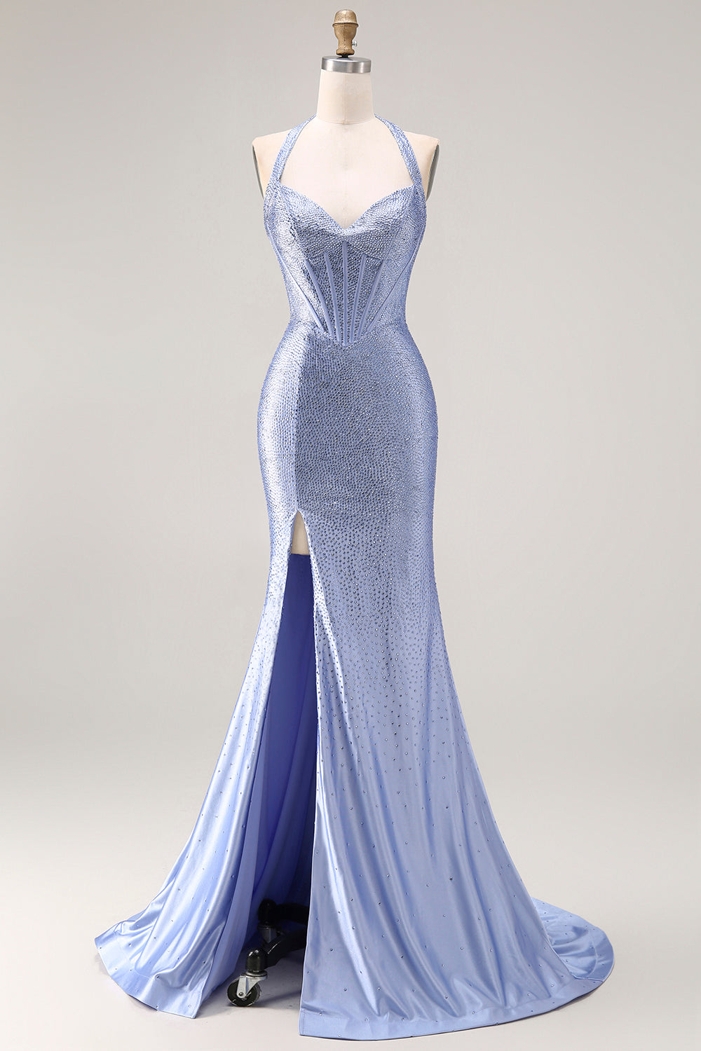 Leely Women Sparkly Light Blue Long Corset Prom Dress with Slit Beaded Mermaid Backless Halter Neck Gala Dress