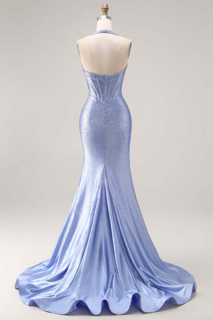 Sparkly Light Blue Beaded Mermaid Maxi Corset Prom Dress with Slit