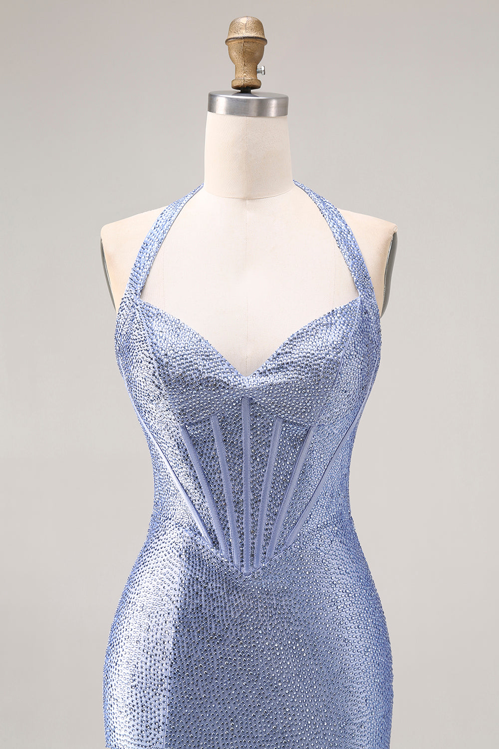 Sparkly Light Blue Beaded Mermaid Maxi Corset Prom Dress with Slit