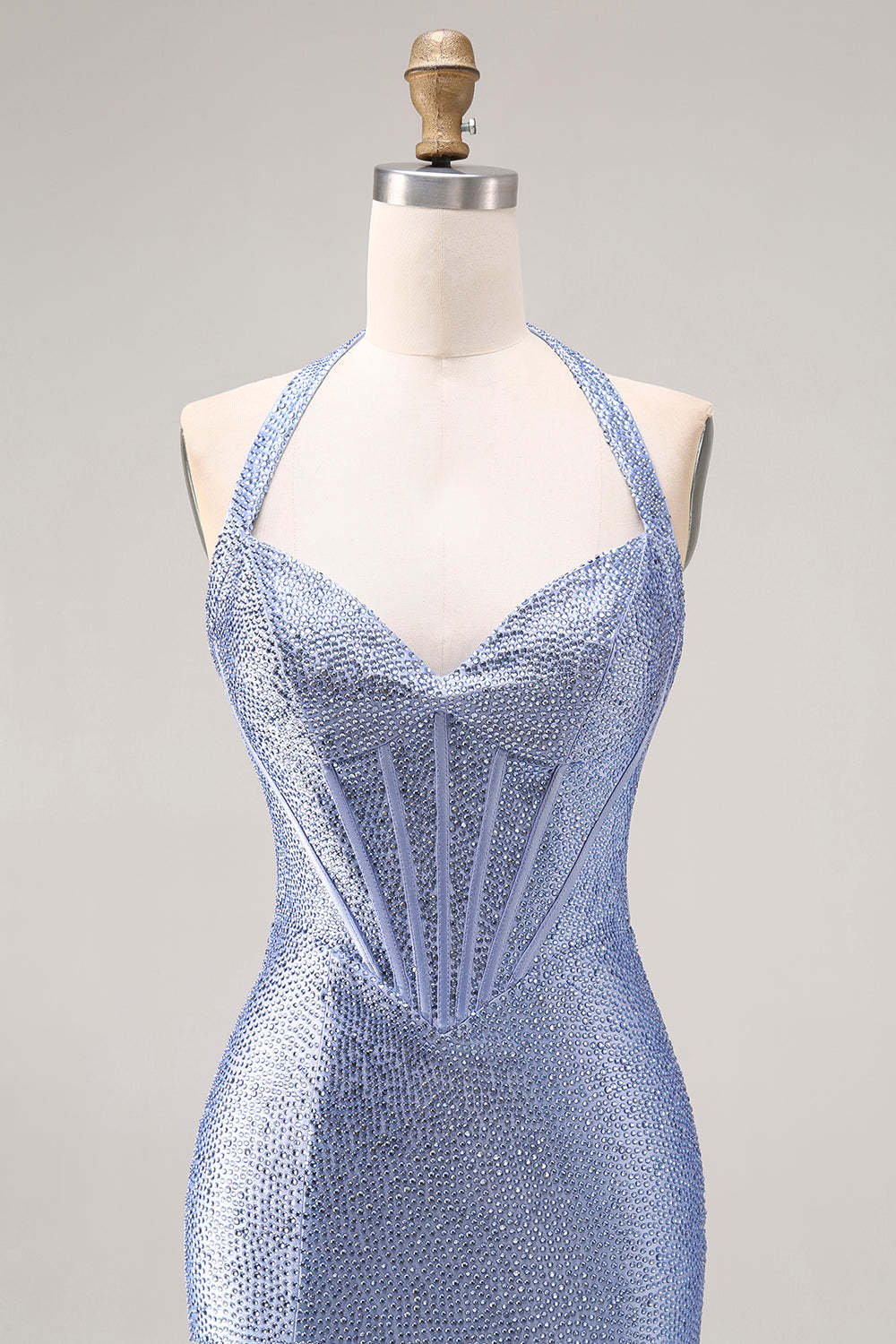 Sparkly Light Blue Beaded Mermaid Maxi Corset Prom Dress with Slit