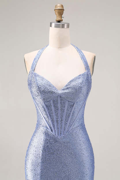 Sparkly Light Blue Beaded Mermaid Maxi Corset Prom Dress with Slit