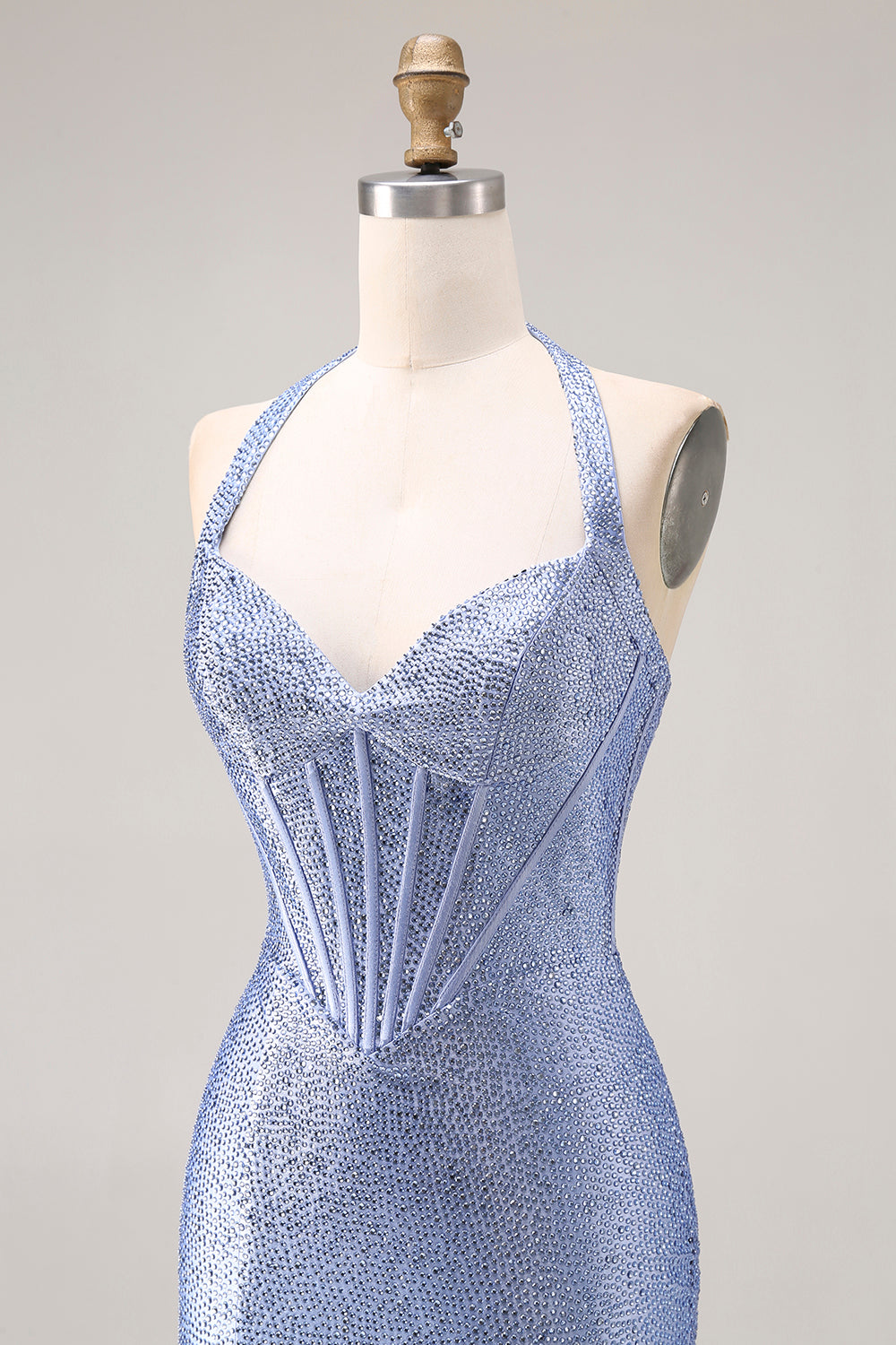 Sparkly Light Blue Beaded Mermaid Maxi Corset Prom Dress with Slit