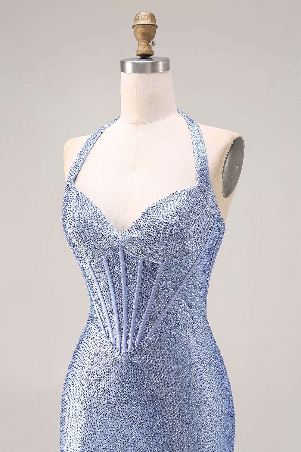Sparkly Light Blue Beaded Mermaid Maxi Corset Prom Dress with Slit