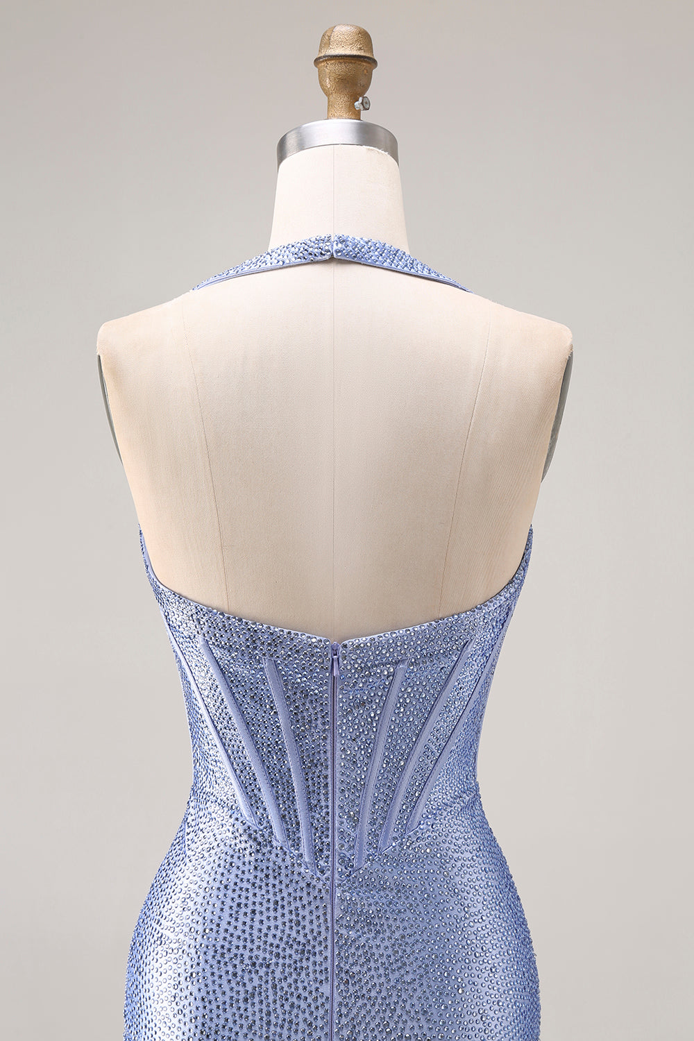 Sparkly Light Blue Beaded Mermaid Maxi Corset Prom Dress with Slit