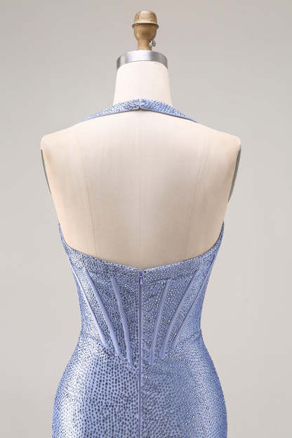 Sparkly Light Blue Beaded Mermaid Maxi Corset Prom Dress with Slit
