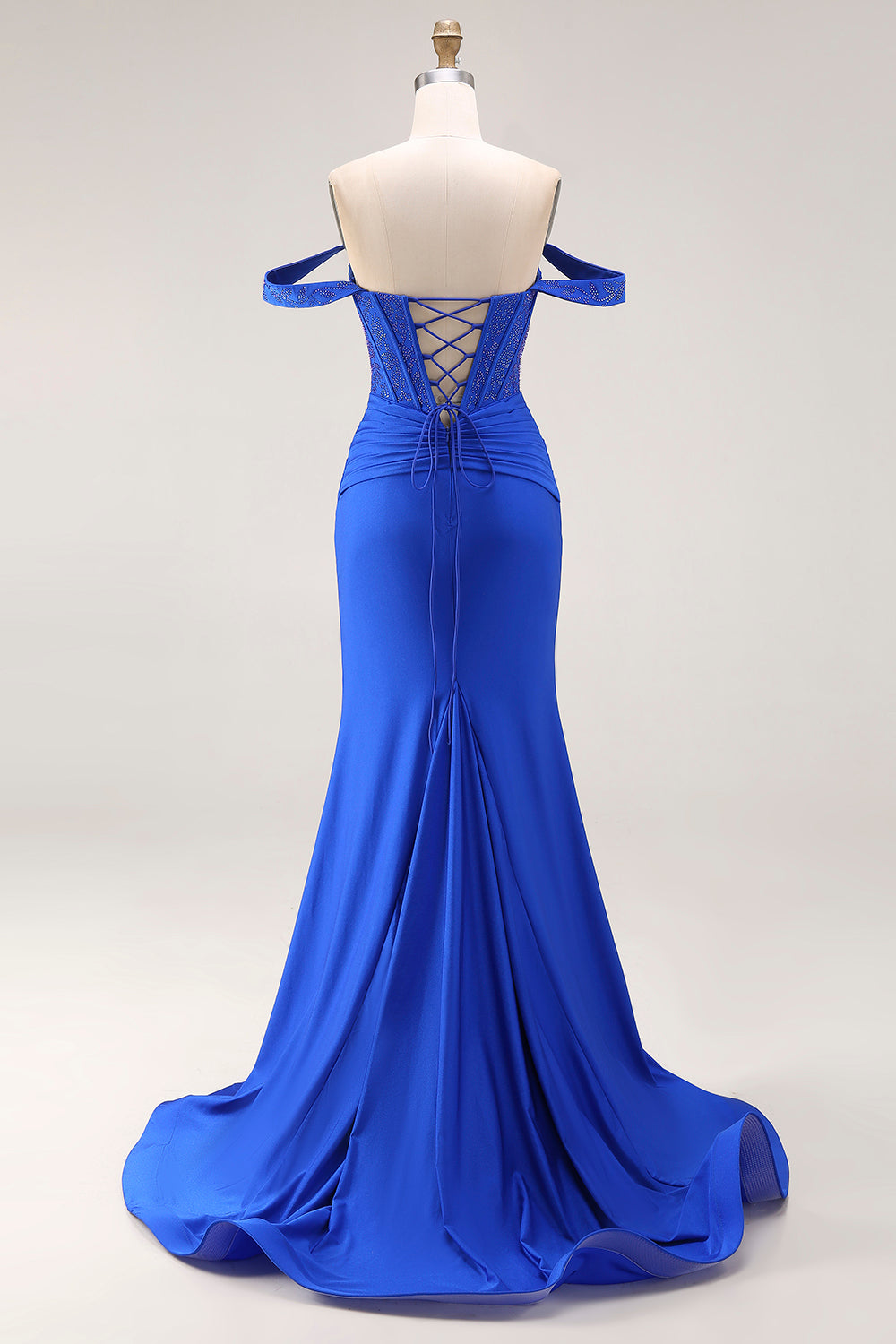 Royal Blue Mermaid Corset Ruched Maxi Prom Dress with Slit