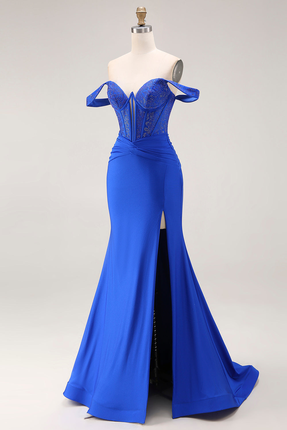 Royal Blue Mermaid Corset Ruched Maxi Prom Dress with Slit