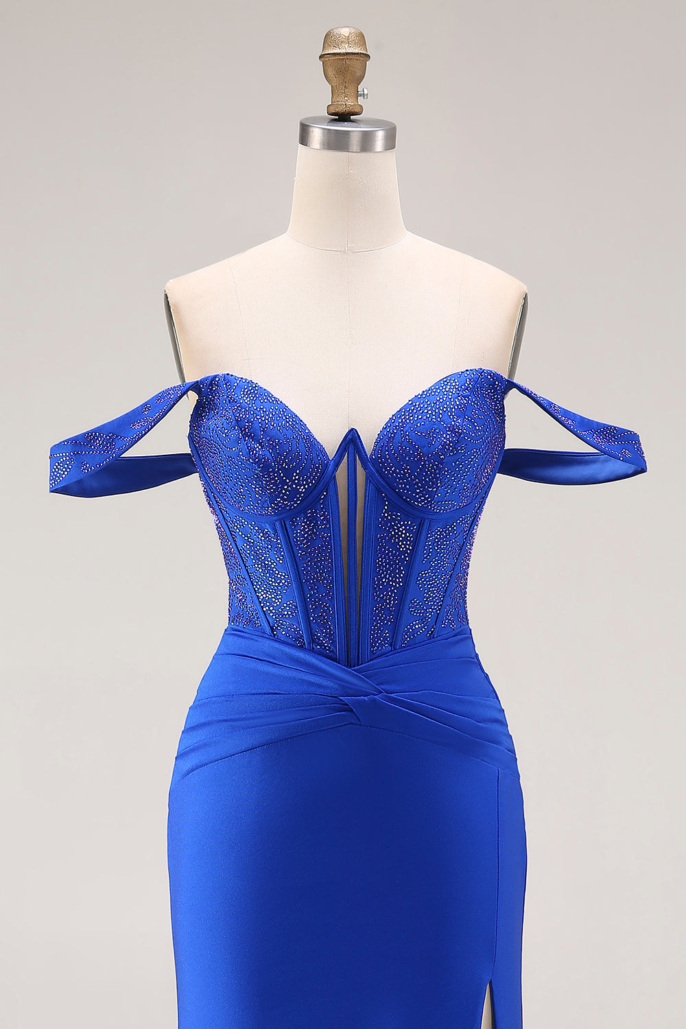 Royal Blue Mermaid Corset Ruched Maxi Prom Dress with Slit