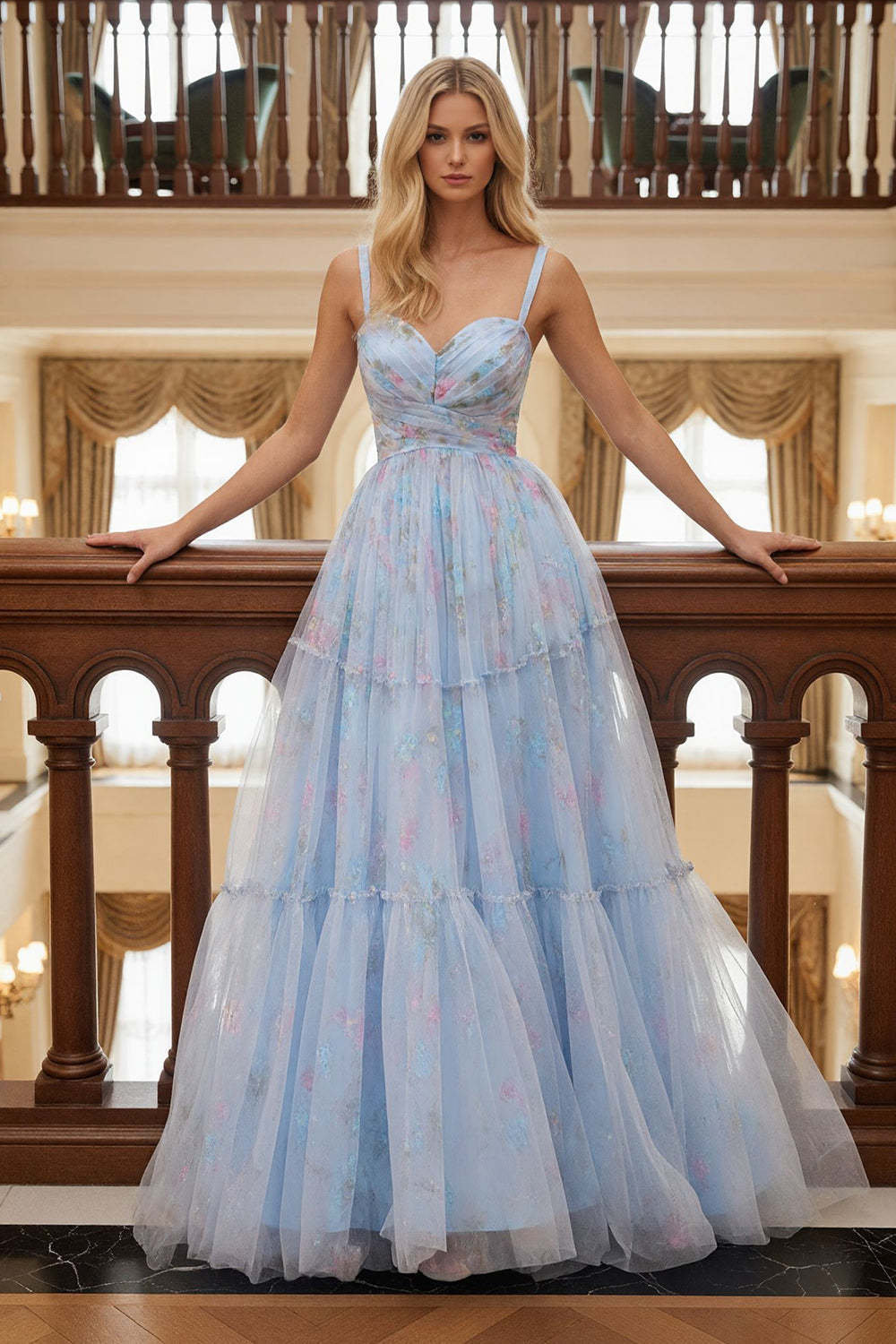 Leely Women Blue Floral Tulle Long Prom Dress Spaghetti Straps A Line Ruched Pageant Dress