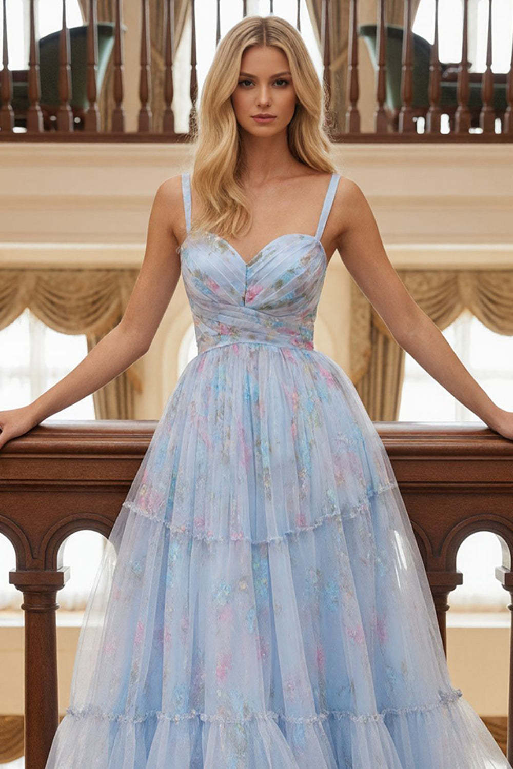 Blue Ruched Floral Spaghetti Straps Tulle A Line Long Prom Dress