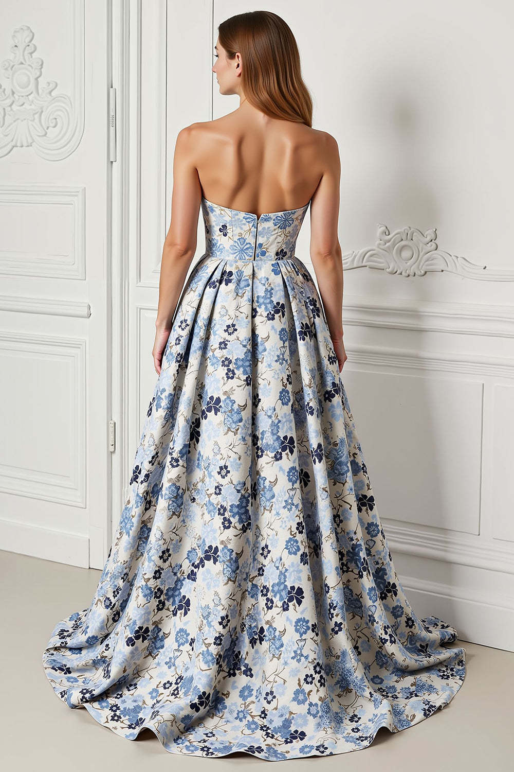 Blue Floral Strapless Satin A Line Long Prom Dress with Slit